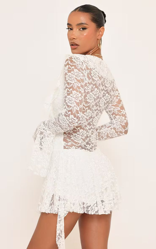Ego - Long Sleeve Plunge Front Extreme Frill Draped mini dress in lace white