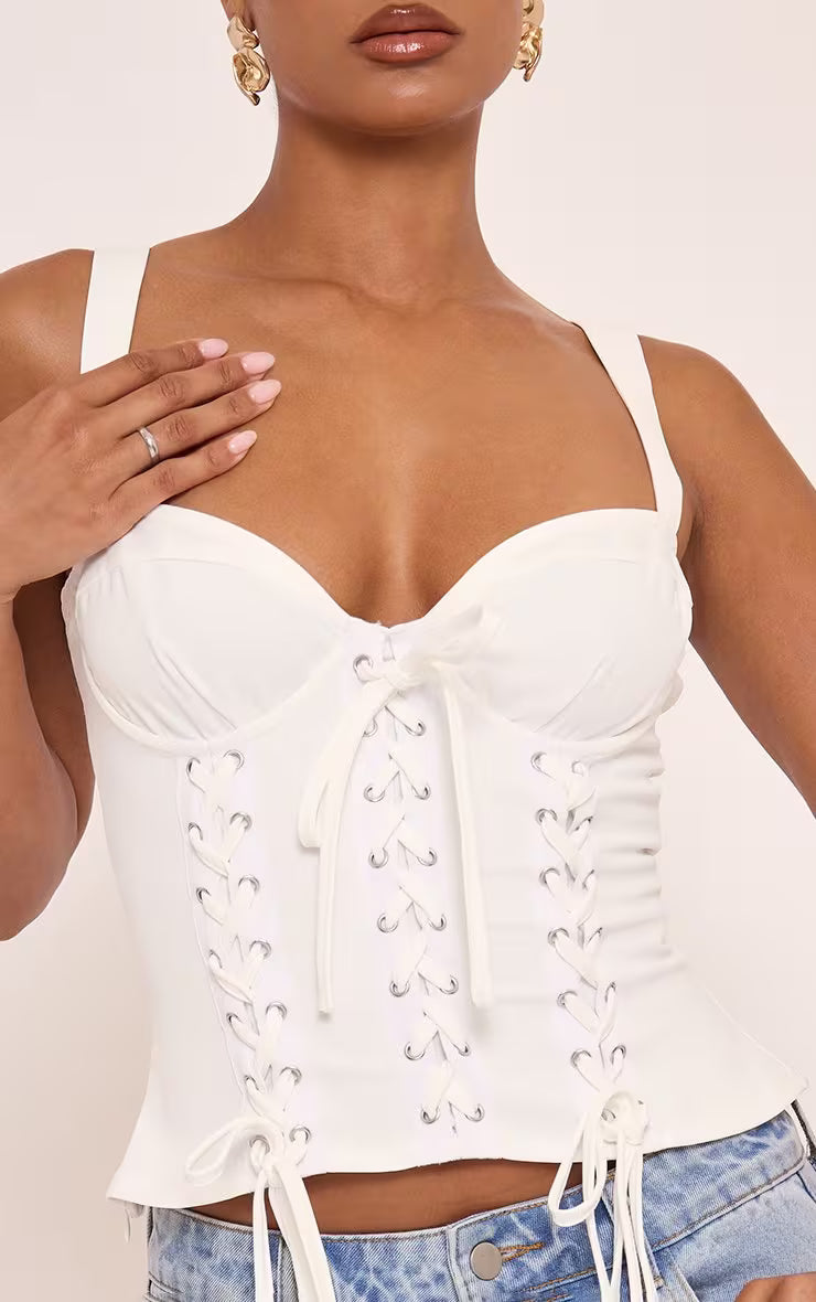 Ego - Sleeveless Lace Drape Detail Corset Top In White