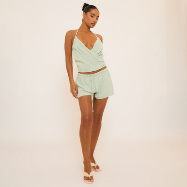 Ego - Mid Rise Tie Waist Detail Mini Shorts In Green Linen