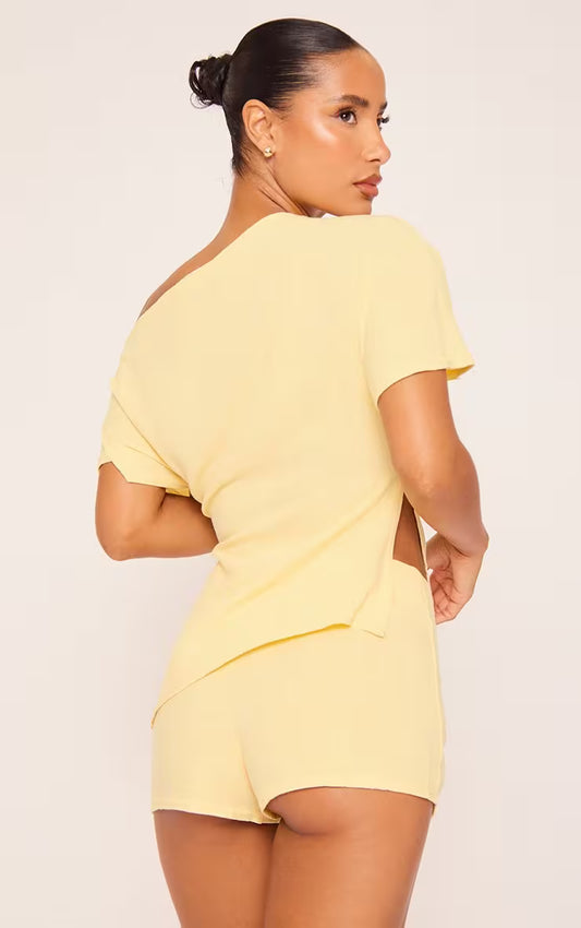 Ego - Off The Shoulder Asymmetric Detail Top In Yellow Linen