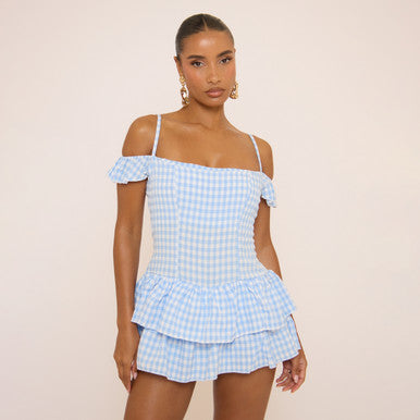 Ego - Bardot Cold Sholder Frill Playsuit In Blue