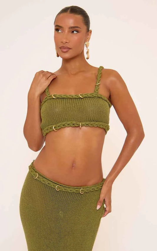 Ego - Mid Rise Gold Trim Braid Detail Maxi Skirt In Green Knit