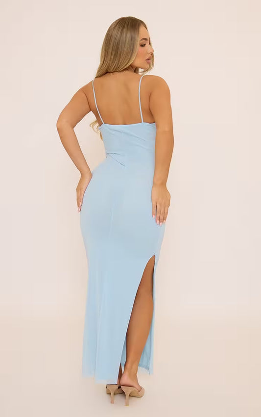 Ego - Sleeveless Cupped Detail Column Maxi Dress In Blue Mesh