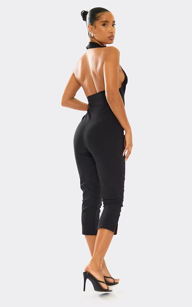 Ego - Collar Detail Plunge Capri Jumpsuit In Black