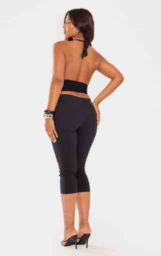 Ego - Plunge Halterneck Corset Waist Top In Black