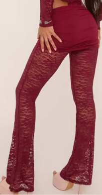 Ego - low rise foldover flared leg trouser co-ord burgundy lace