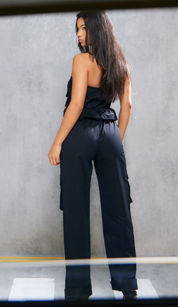 Plt - Black Cargo Bandeau Pocket Detail Frill Waist Jumpsuit