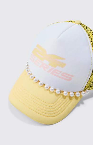 Slogan Foam Front Trucker Cap with Pearl Detail In Pastel Yellow