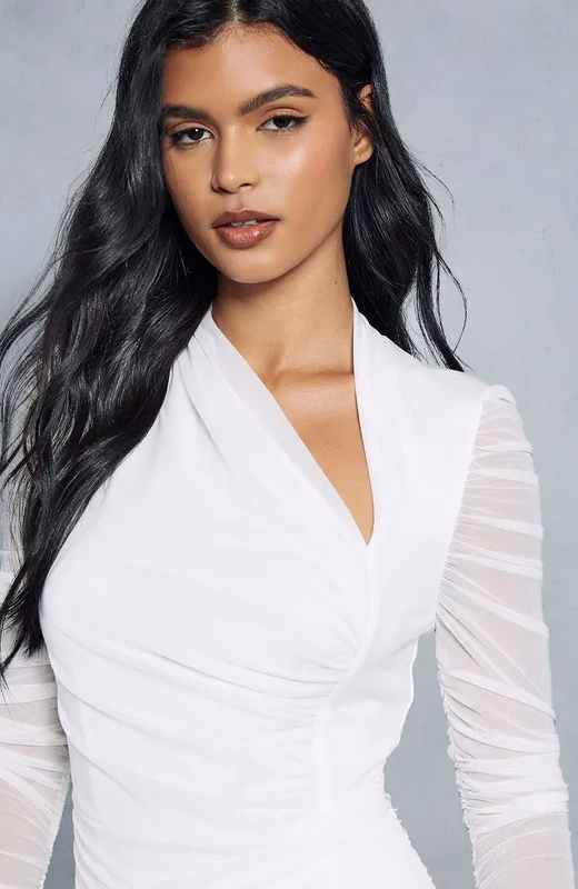 Mesh Ruched Wrap Long Sleeve Mini Dress