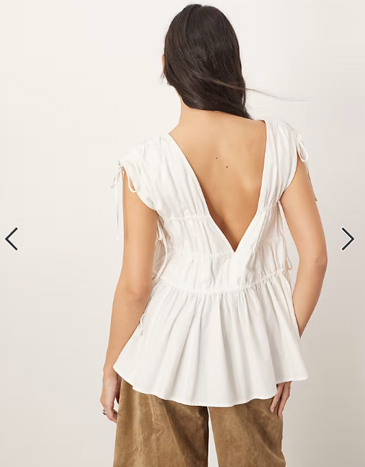 ARRANGE clean cotton ruched top with drawstring detail in white