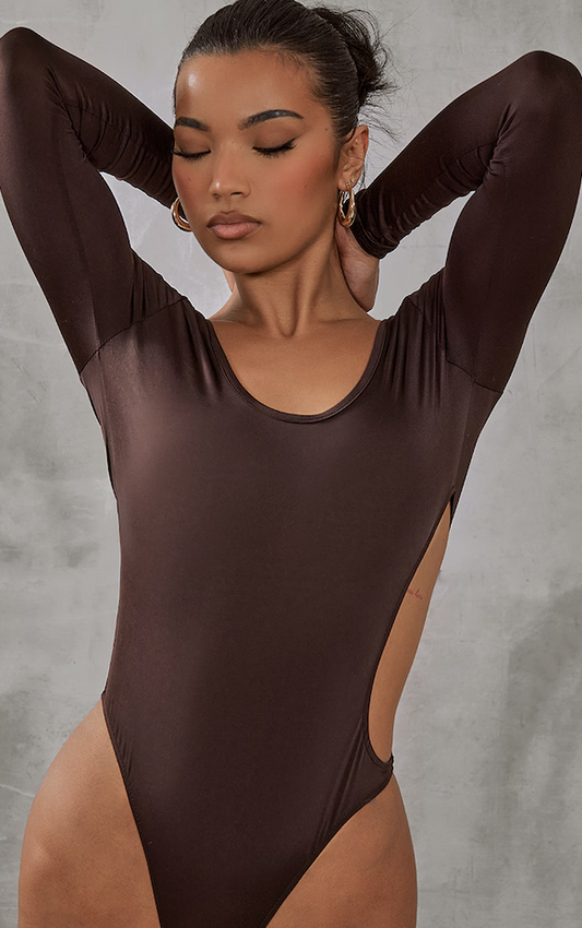 Chocolate Slinky Cut Out Side Long Sleeve Bodysuit