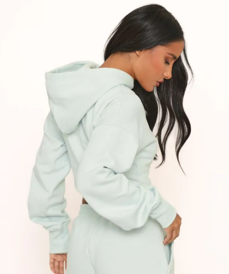 Long Sleeve 'Ego' Embossed Graphic Detail Cropped Hoodie In Mint Green