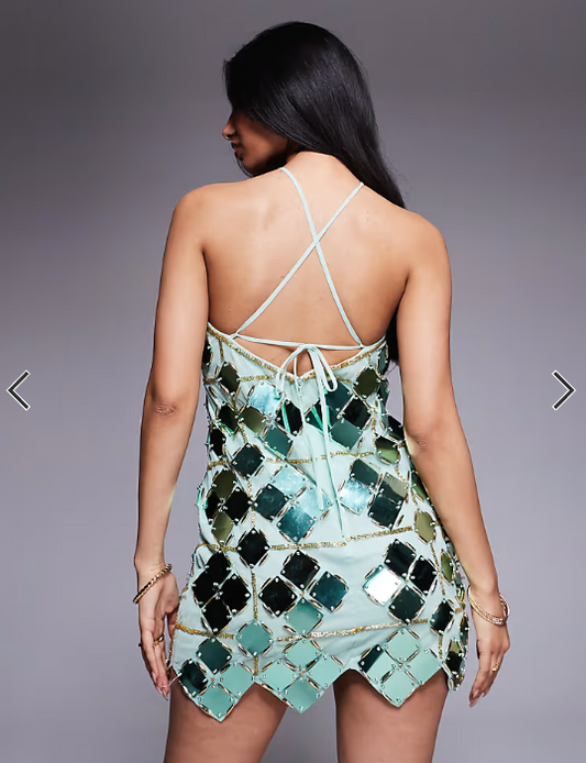 ASOS DESIGN grid embellished halter mini dress in green