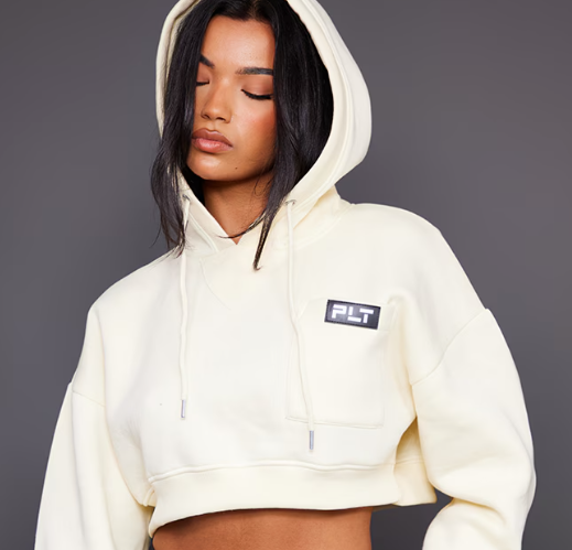 Cream Badge Pocket Cropped Hoodie