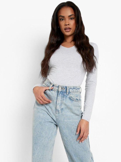 Boohoo - Basic Marl V Neck Long Sleeve Bodysuit