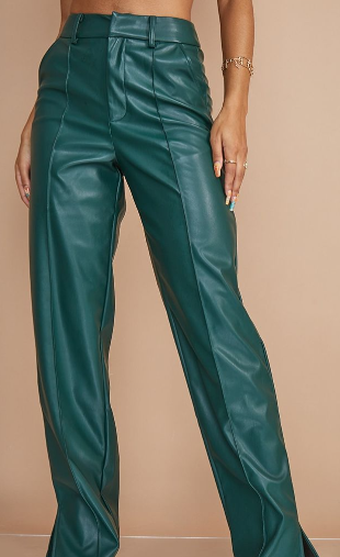 Bottle Green Faux Leather Pintuck Detail Straight Leg Trousers