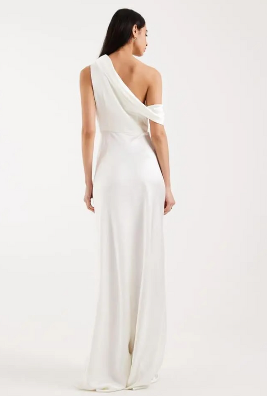 Six Stories Bridesmaids satin drape one shoulder maxi dress in ivory
