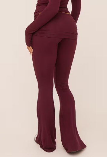 Ego - Fold Over Waistband Detail Flared Trousers In Burgundy