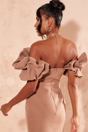 Mocha Pleated Corset Detail Puff Sleeve Bodycon Dress