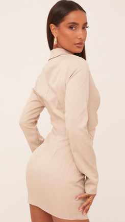 Long Sleeve Overlay Detail Blazer Dress In Stone Woven