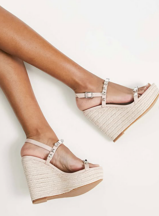 Steve Madden Prime Time studded espadrille wedges in blush patent