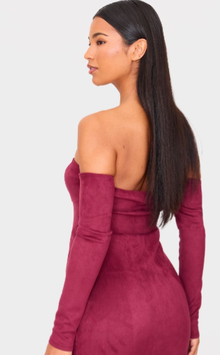 Burgundy Faux Suede Lace Up Detail Bardot Bodycon Dress