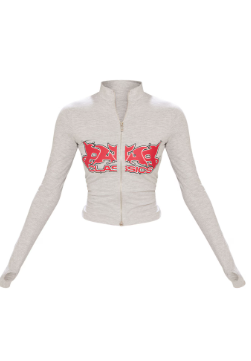 Ash Grey Jersey Zip Through Graphic Printed Long Sleeve Top Long Sleeve Tops