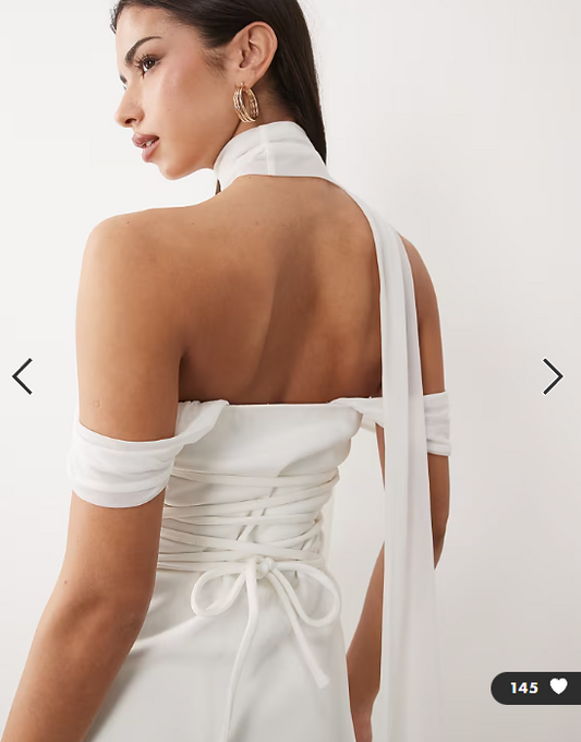 ASOS DESIGN bonded crepe bardot mini dress with sheer scarf detail in ivory