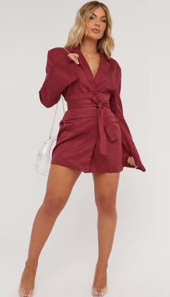 Ego - Oversized Belted Detail Blazer Dress In Burgundy Woven