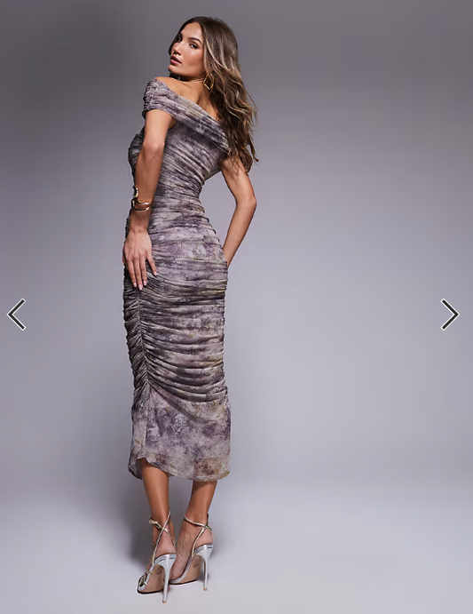 ASOS DESIGN mesh bardot ruched midi dress in dark marble print