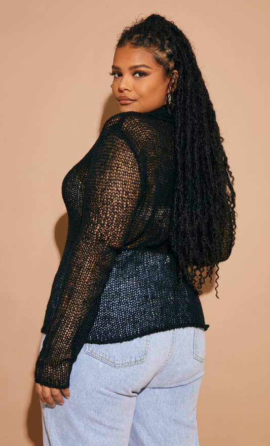Plus Black Fine Knit Button Plunge Shirt