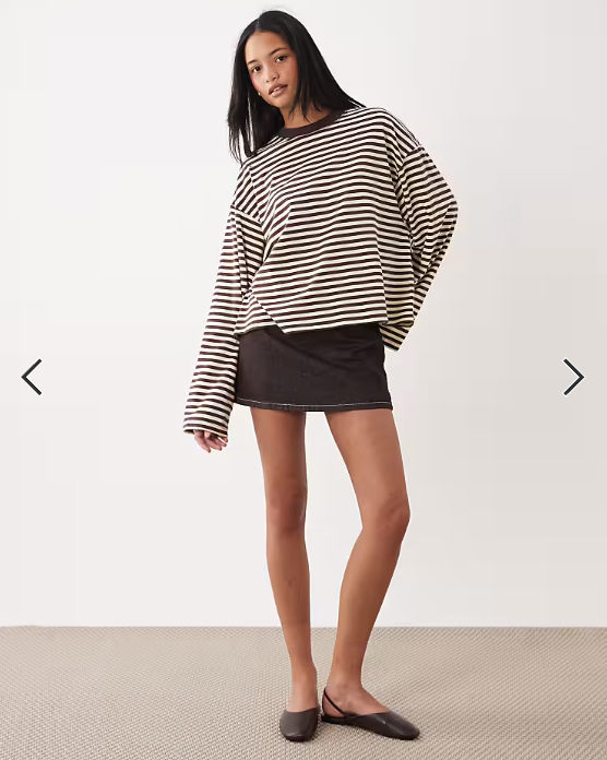 Lioness Bloom cotton blend long sleeve crew neck boxy t-shirt in chocolate and lemon stripe