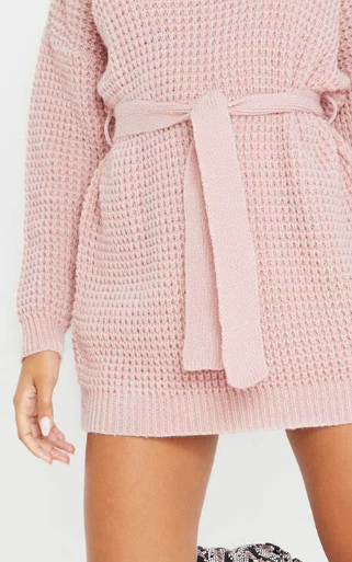 baby pink soft belted knitted jumper dress