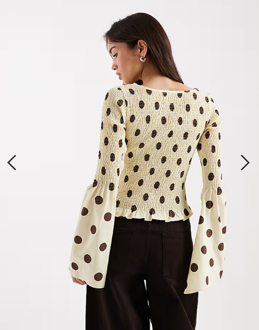 ASOS DESIGN shirred angel sleeve top in buttermilk polka dot