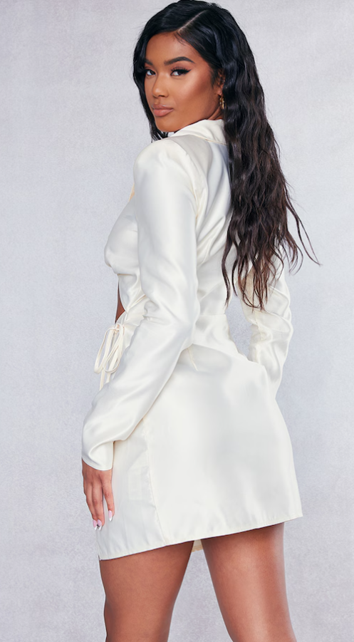Cream Satin Twist Front Cut Out Blazer Style Dress