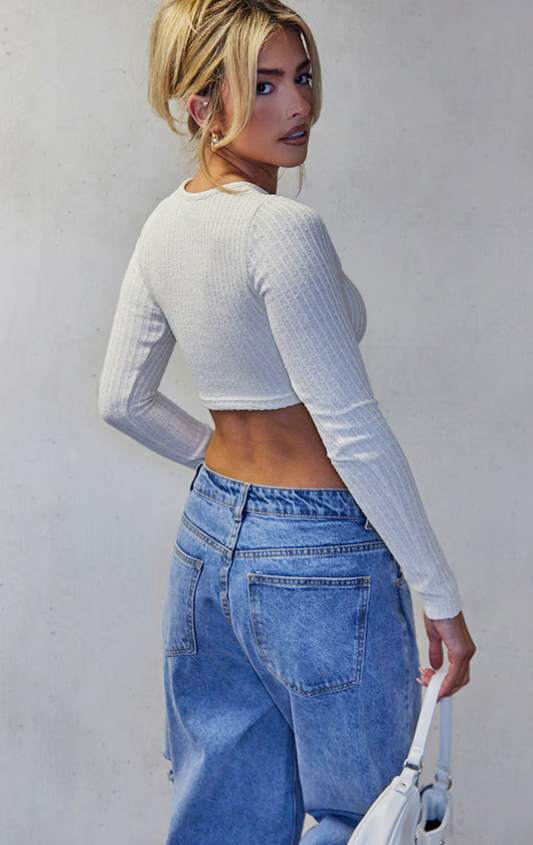 Cream Textured Laddered Cut Out Long Sleeve Crop Top