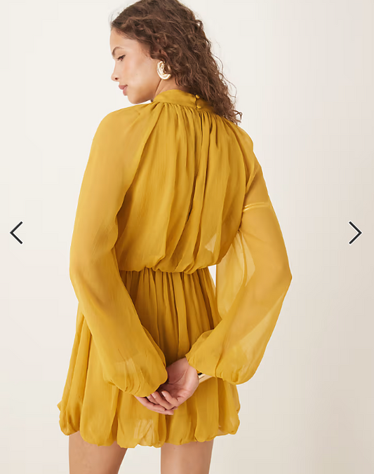 ASOS DESIGN long sleeve blouson mini dress with skirt in ochre