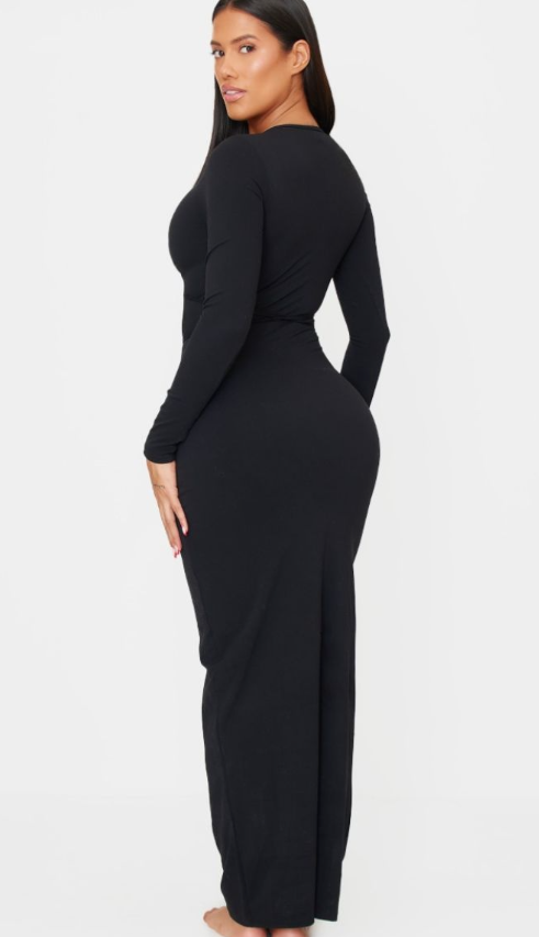 Shape Black Sculpt Plunge Front Strappy Waist Long Sleeve Maxi Dress