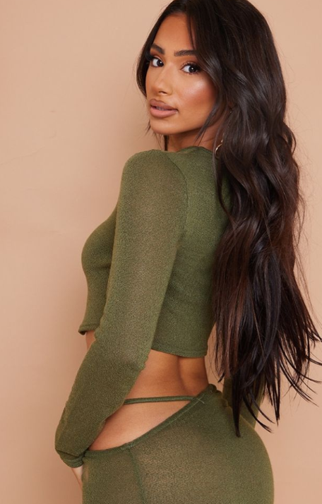 Petite Khaki Sheer Knit Longsleeve Crop Top