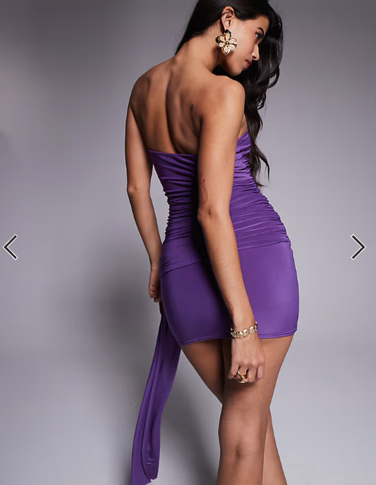 Kaiia exclusive double layered slinky gold hardware drape detail mini dress in violet