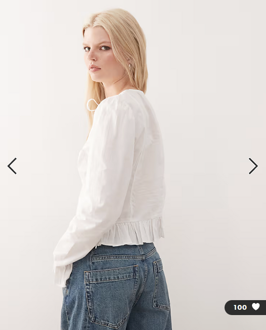 Monki keyhole long sleeve top with peplum detail in white