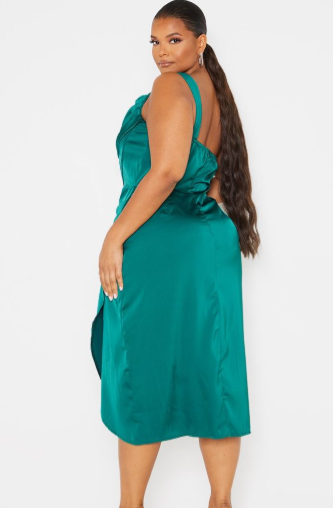 Plus Emerald Green Satin Drape Detail Side Split Midi Dress