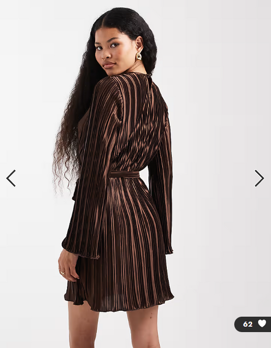 Vero Moda Petite tie waist plisse mini dress in chocolate
