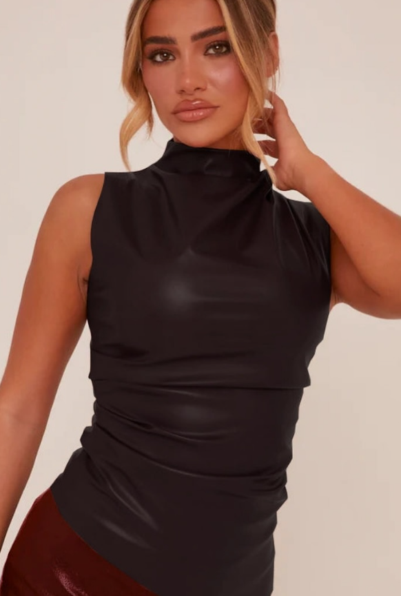 Rebellious - BLACK FAUX LEATHER RUCHED TOP - DANICA