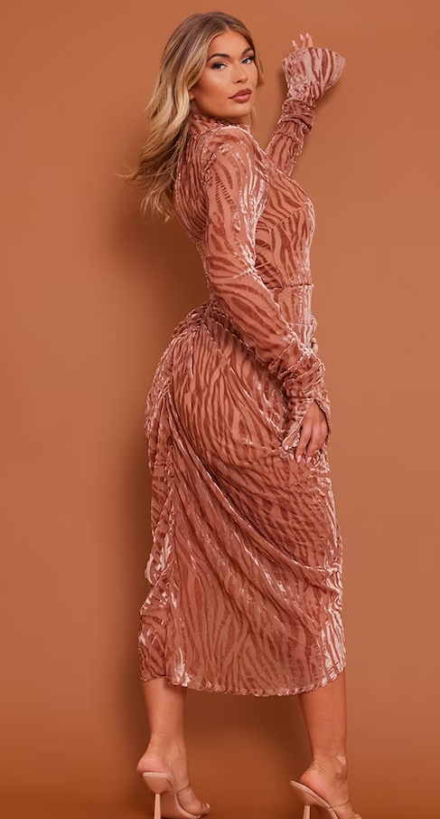 Mocha Zebra Devore High Neck Draped Midi Dress