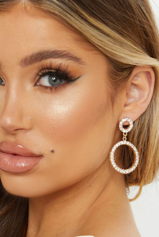 Gold Diamante Double Ring Drop Earrings