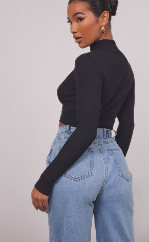 Recycled Black Rib High Neck Long Sleeve Crop
