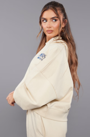 Premium Cream Tonal Print Panelled Boxy Hoodie