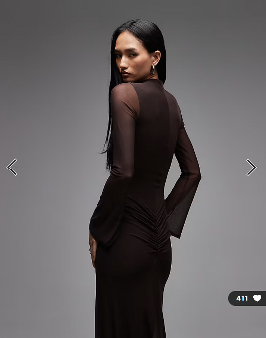 ASOS DESIGN mesh long sleeve maxi dress with twist detail in brown