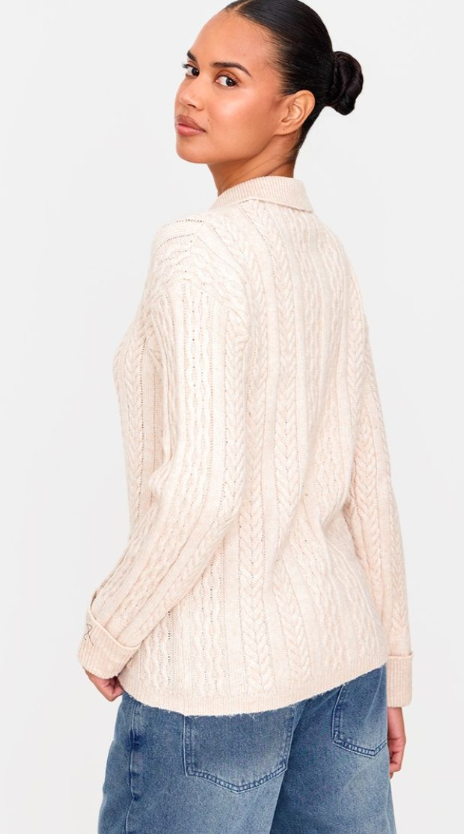 Plt - Oatmeal Cable Knit Collar Detail Zip Up Cardigan